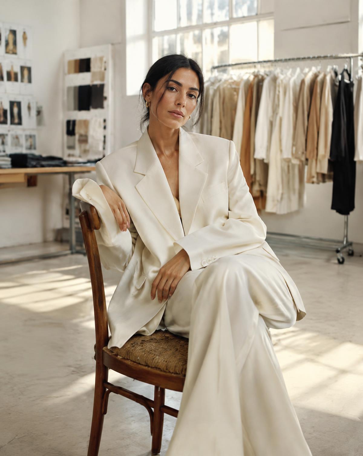 Woman in an ivory suit seated in a bright atelier