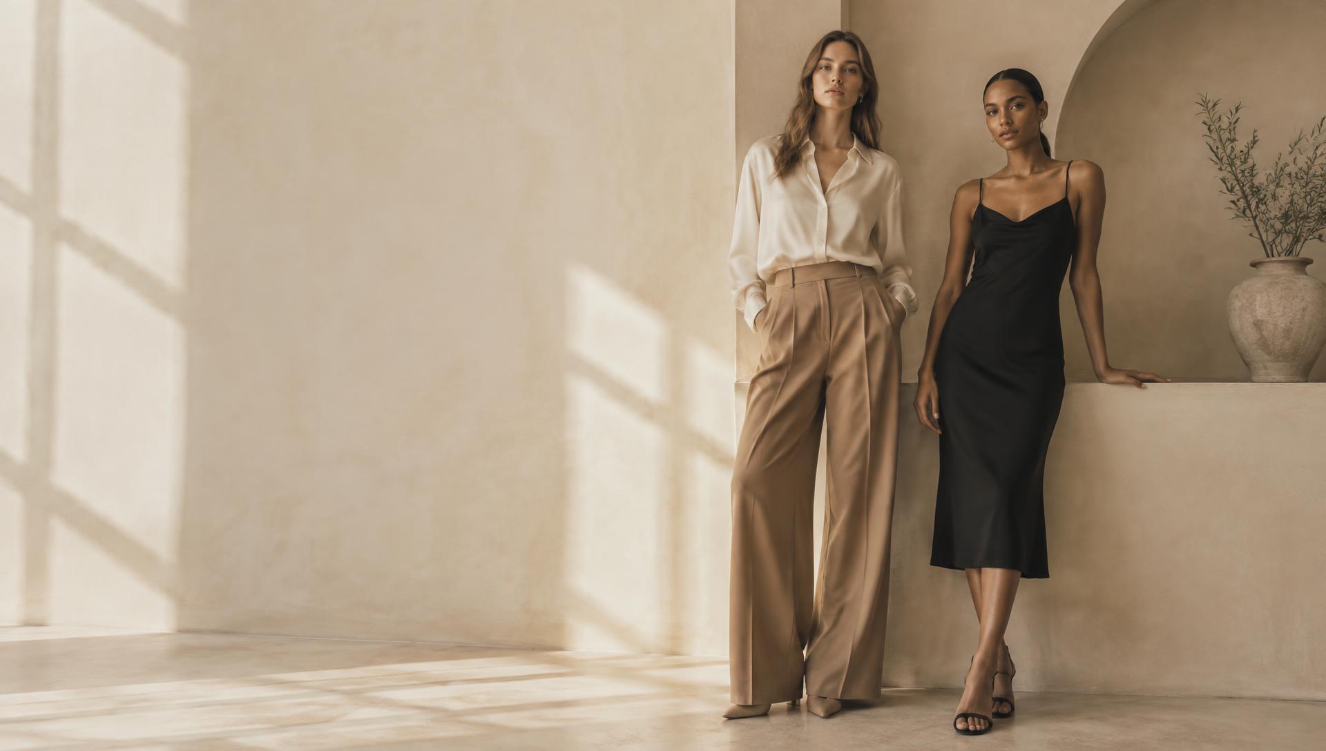 Two women in tailored camel trousers and a black slip dress in a sunlit room