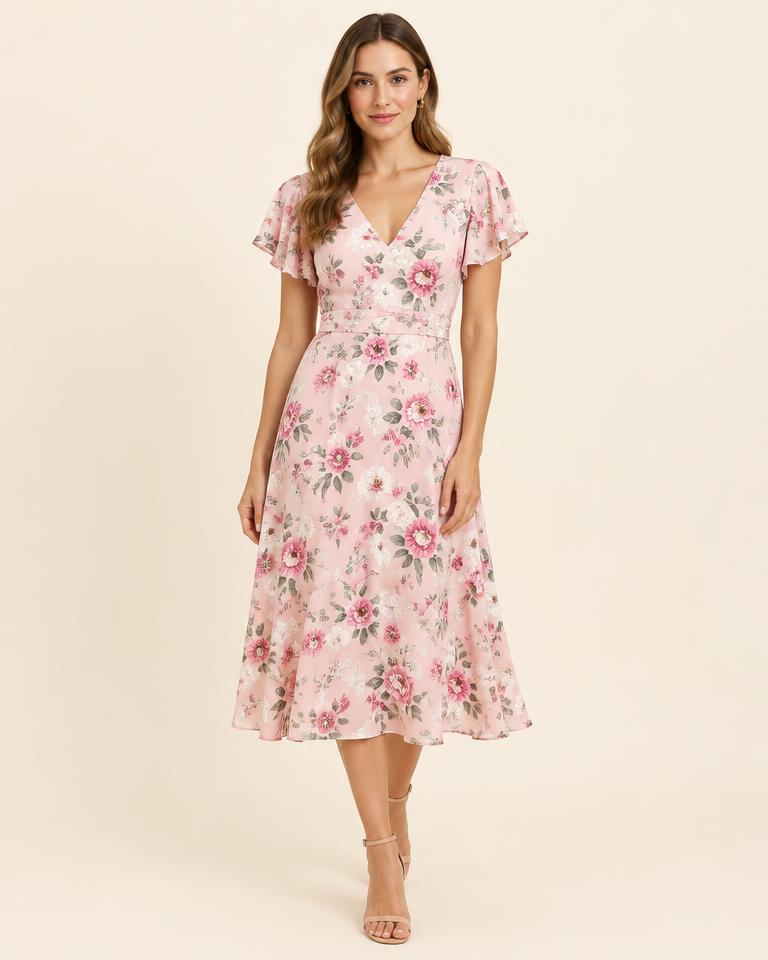 Floral Midi Dress in Blush
