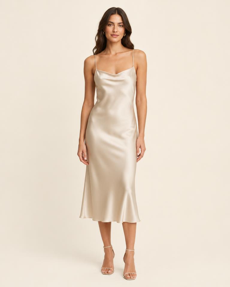 Satin Slip Midi Dress in Champagne