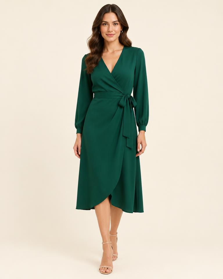 Tie-Waist Wrap Midi Dress in Emerald