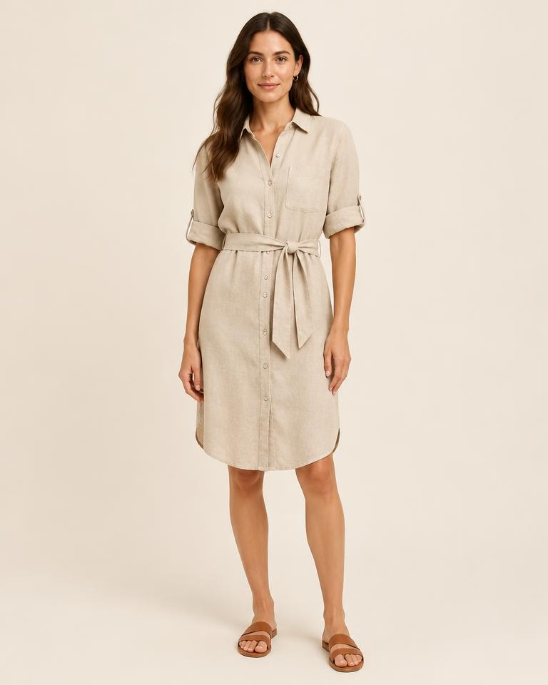 Belted Linen Shirt Dress in Beige