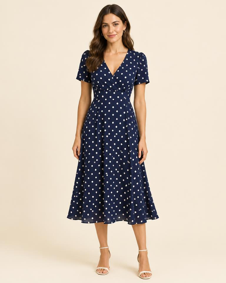 Polka Dot Tea Dress in Navy