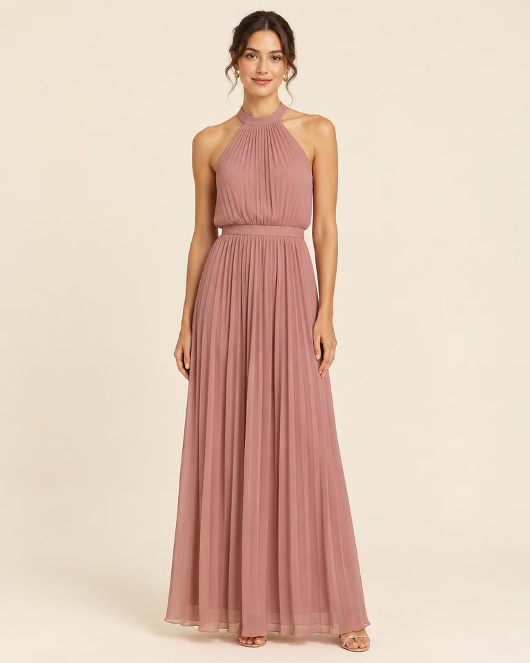 Pleated Halter Maxi Dress in Dusty Rose