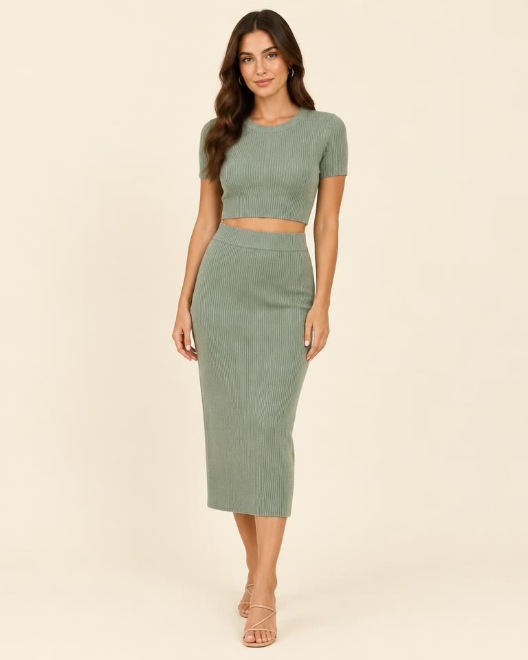 Ribbed Knit Top & Skirt Set in Sage