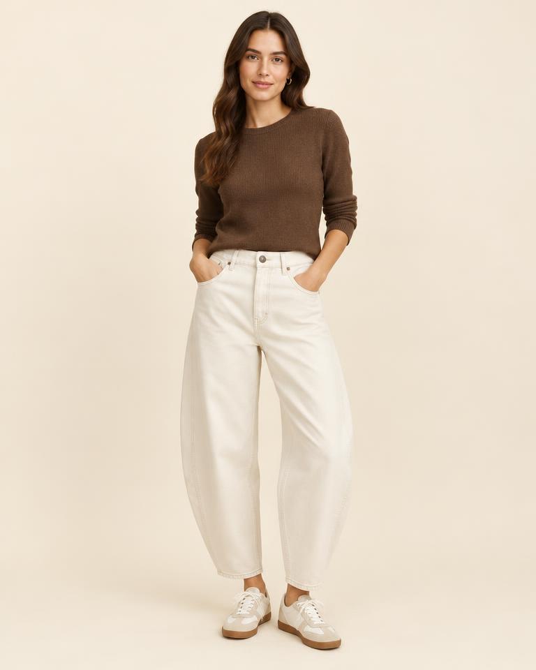 Ecru Barrel-Leg Jeans in Ecru