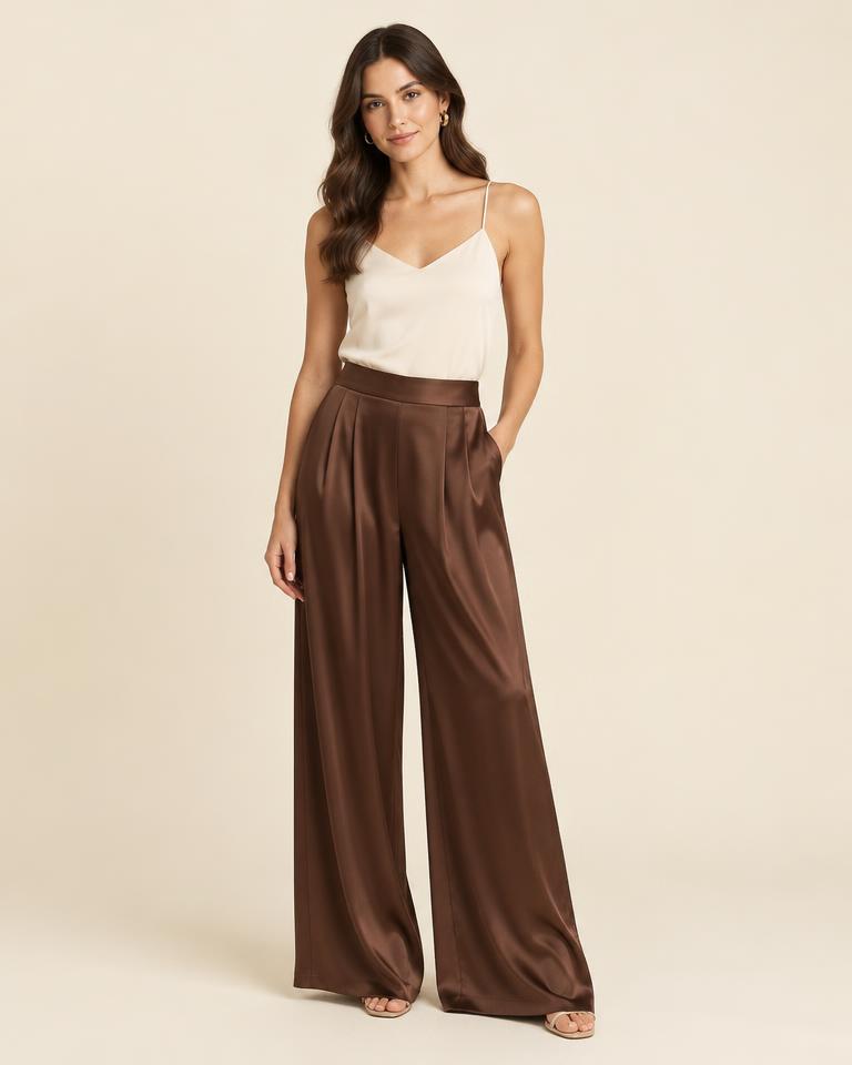 Satin Palazzo Trousers in Chocolate