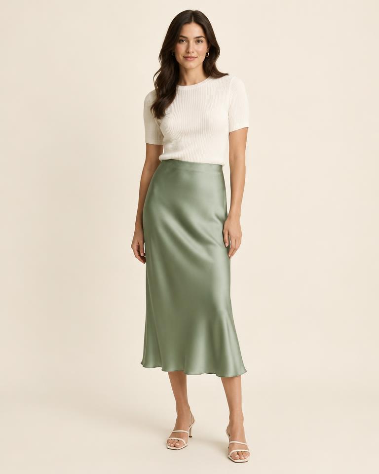 Satin Bias Midi Skirt in Sage